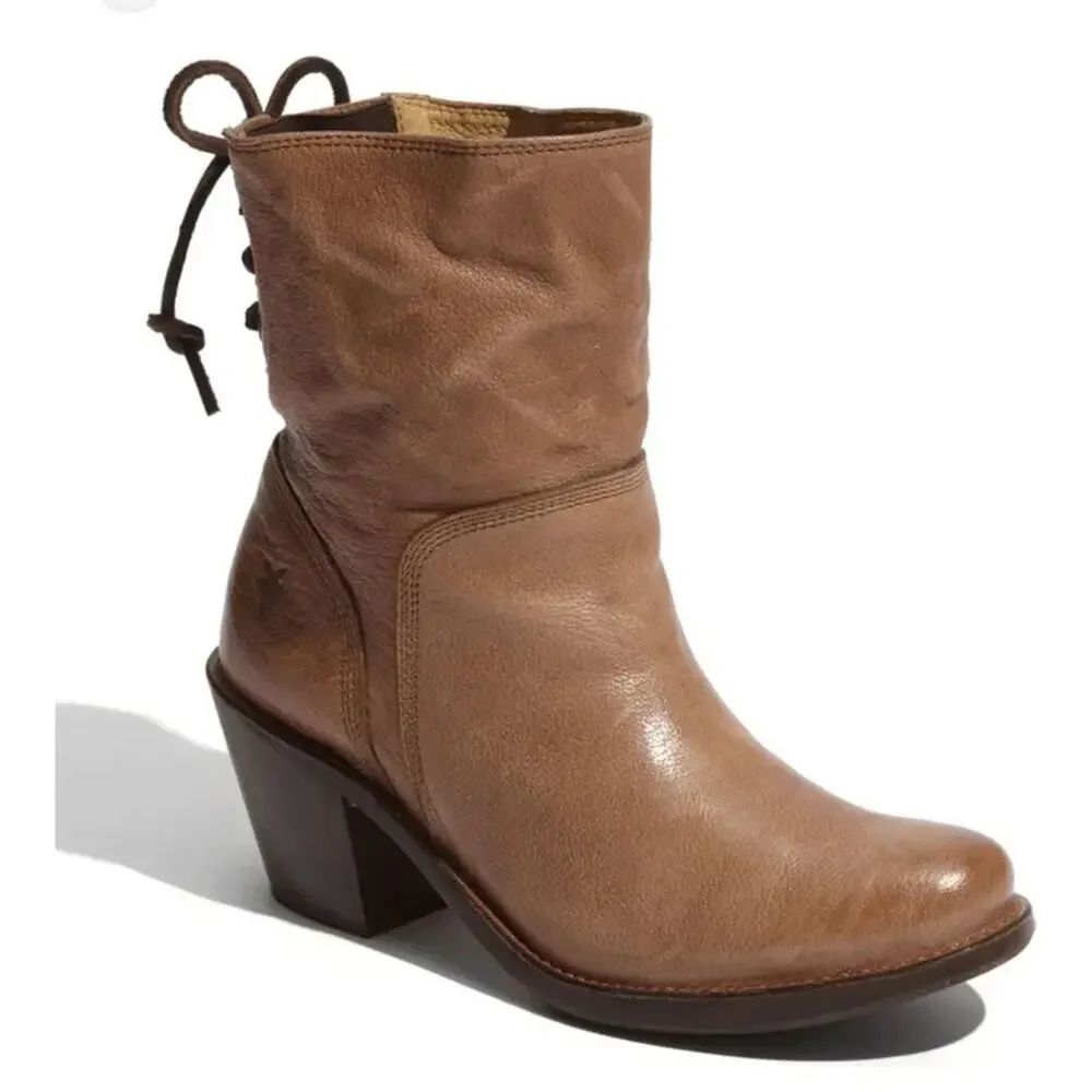 Frye Carmen Short Heeled Boots Brown Leather Pull On Western Moto Size 6B